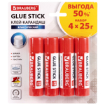 Клей-карандаш 25 г упаковка BRAUBERG 4 штуки на блистере (12 штук в упаковке)