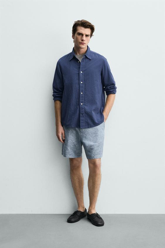 ZARA ШОРТЫ REGULAR FIT ИЗ РЕЛЬЕФНОЙ ТКАНИ, СИНИЙ/БЕЛЫЙ