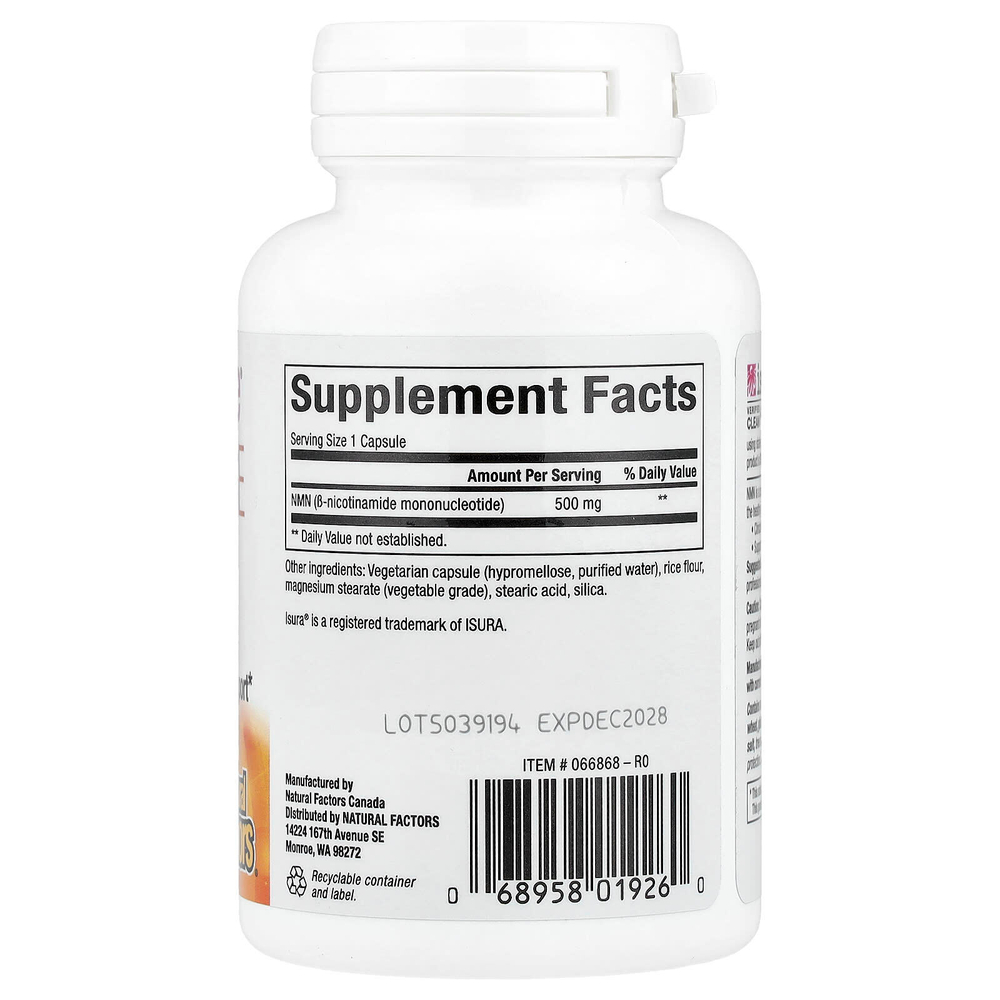 Natural Factors, RegenerLife®, NMN Surge, повышенная сила действия, 500 мг, 30 вегетарианских капсул