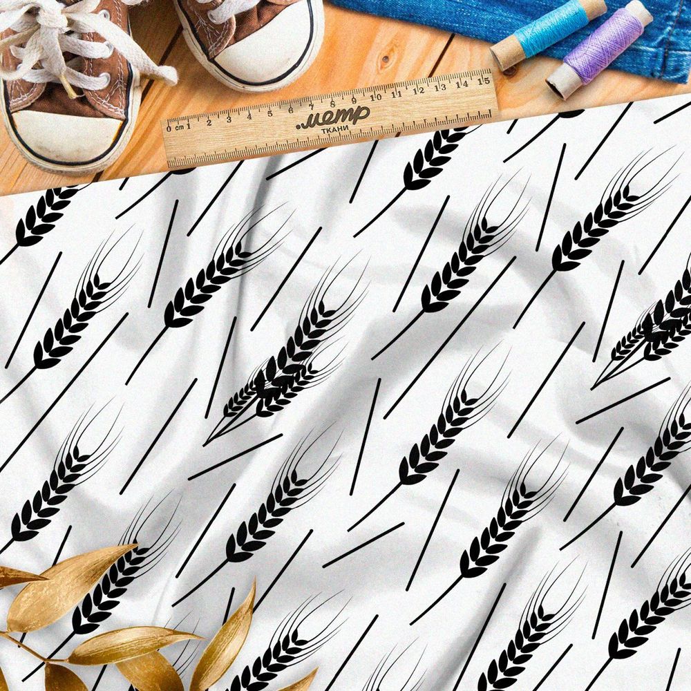 Ткань премиум Оксфорд 600D черные колосья на белом