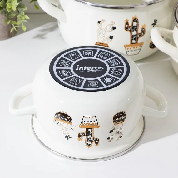 Набор кастрюль «Белые кактусы», 3 предмета: 2,1 л, 3,1 л, 4 л, индукция, цвет белый