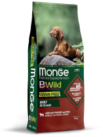 Сухой корм Monge Dog BWild GRAIN FREE, для вхрослых собак всех пород, беззерновой, из ягненка с картофелем 12 кг