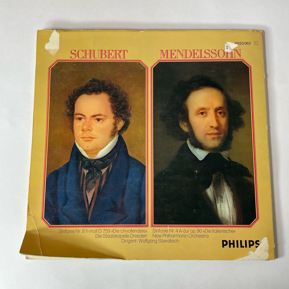 Винтажная виниловая пластинка LP Schubert Шуберт, Мендельсон Mendelssohn, Wolfgang Sawallisch, Unvollendete, Italienische Symphonie (Германия 1976)