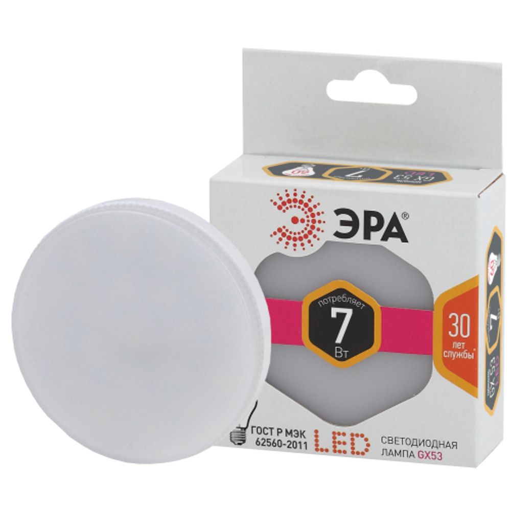 Лампа светодиодная ЭРА STD LED GX-7W-827-GX53 GX53 7Вт таблетка теплый белый свет | Лампы cветодиодные Плоские (GX)