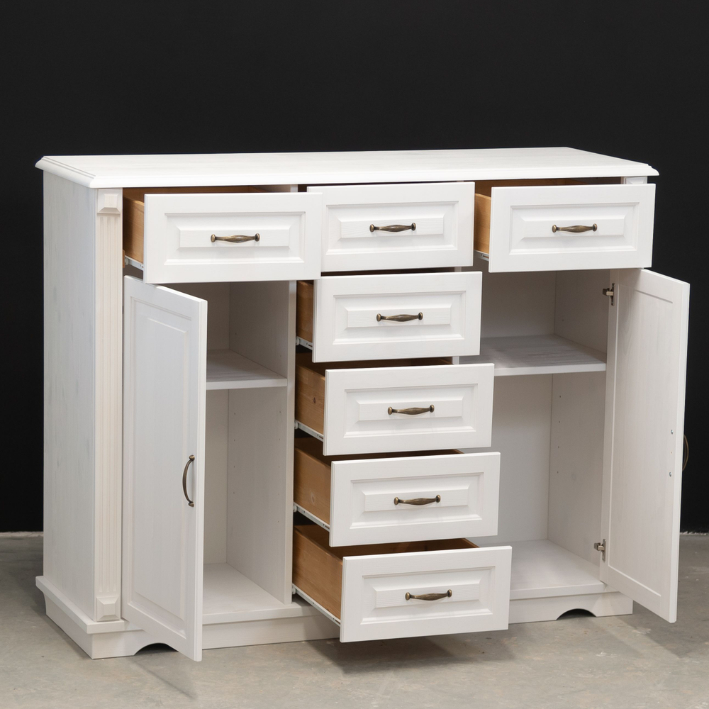 Комод белый с 7 ящиками и 2 дверцами Харви из массива сосны с филенкой для спальни и кухни в викторианском стиле, комод деревянный для вещей и одежды на ножках напольный