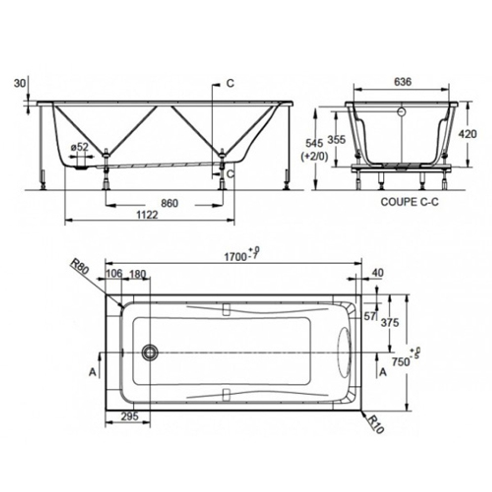 Акриловая ванна Jacob Delafon Odeon Up 170x75 E60491RU-00 схема