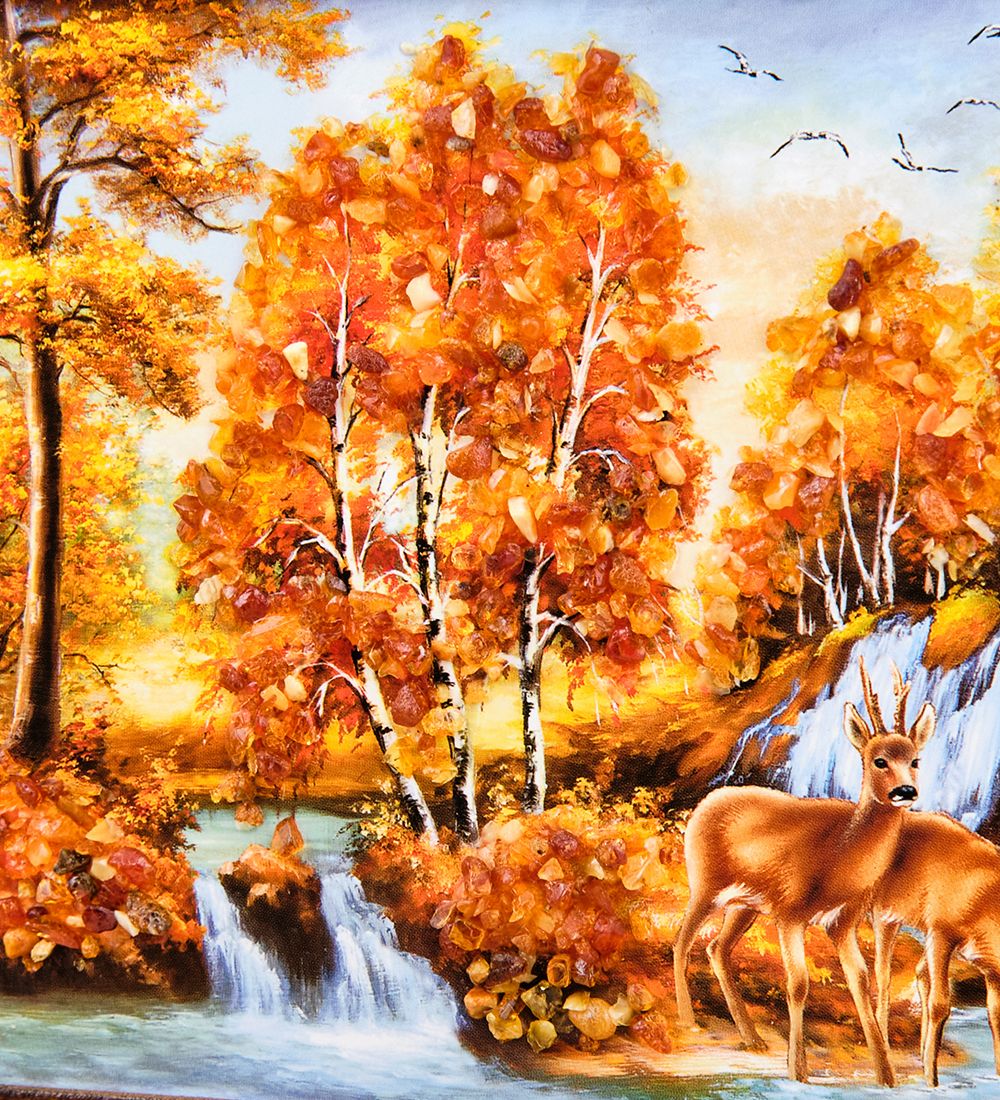 AMB-74/53 Картина «Олени на водопое» (с янтарной крошкой) дер.краш.рамка 12х15