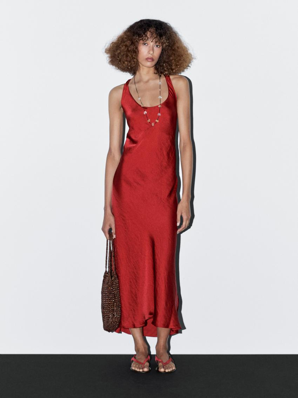 Massimo Dutti Длинное платье из атласа с круглым вырезом, красный