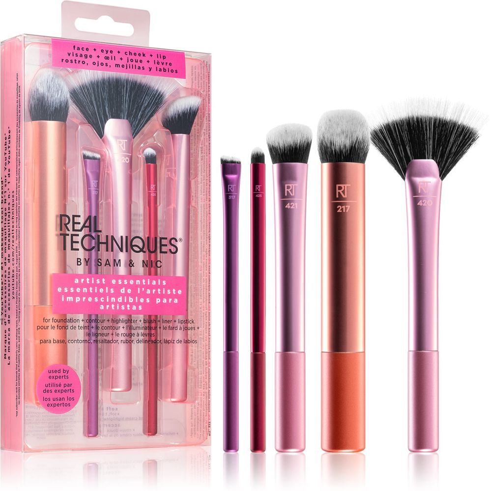 Real Techniques powder brush + eyeshadow brush + fan makeup brush + Lip brush Artist Essentials