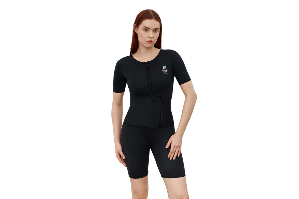 Костюм-сауна для похудения CleverCare с рукавами и дополнительным поясом, женский, размер L, материал неопрен, цвет черный с голубым