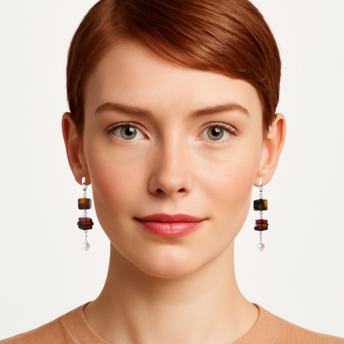 Серьги с янтарными кубиками и пресноводным жемчугом