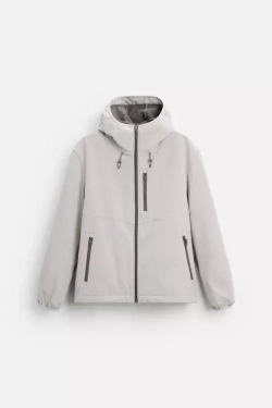 ZARA КУРТКА ИЗ ВЫСОКОТЕХНОЛОГИЧНОЙ ТКАНИ С КАПЮШОНОМ, СВЕТЛО-СЕРЫЙ