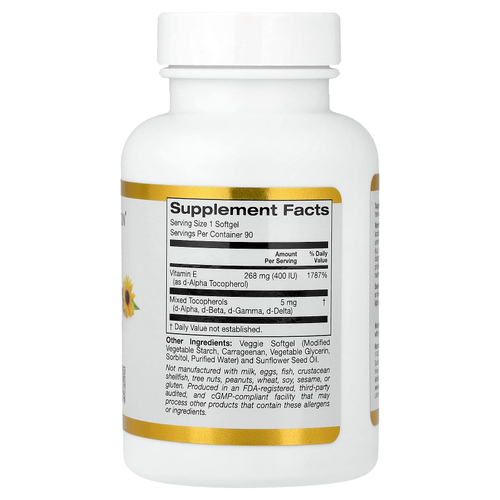 California Gold Nutrition, витамин E из подсолнечника со смешанными токоферолами, 400 МЕ, 90 растительных капсул