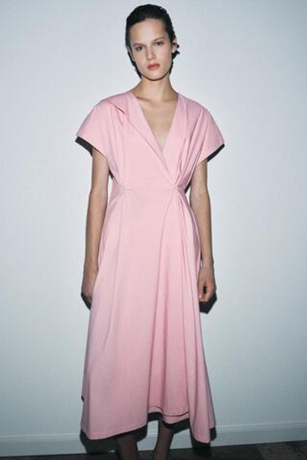 ZARA ПЛАТЬЕ ИЗ ПОПЛИНА СО СКЛАДКАМИ — ZW COLLECTION, РОЗОВЫЙ