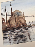 Картина авторская акварельная в паспарту 30х40 см на стену для интерьера "Мечеть Ортакей. Стамбул"