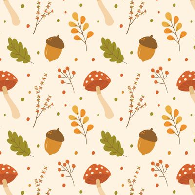 Красные грибы, жёлуди, зелёные листья и оранжевые ягоды