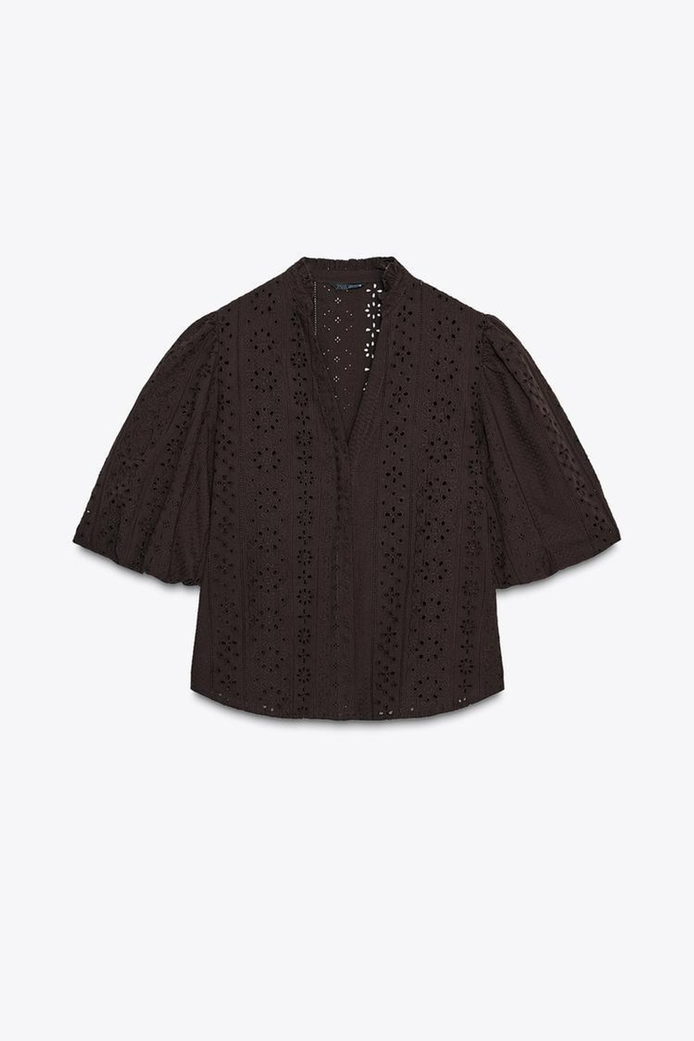 ZARA РУБАШКА С ПЕРФОРИРОВАННОЙ ВЫШИВКОЙ И РУКАВАМИ-БУФАМИ, КОРИЧНЕВЫЙ