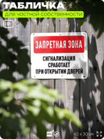 Табличка для частной территории "Запретная зона, сигнализация сработает при открытии дверей", на дом, для участка, организаций и частных территорий, 40х30 см, Silver Plane x Айдентика Технолоджи