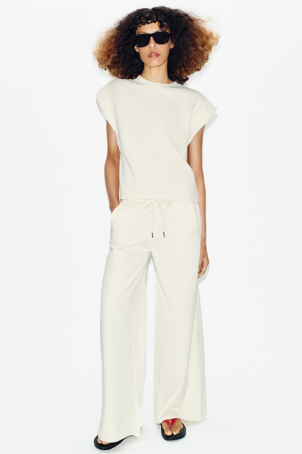 ZARA ХЛОПКОВАЯ ФУТБОЛКА СО СПУЩЕННЫМИ РУКАВАМИ, ЭКРЮ