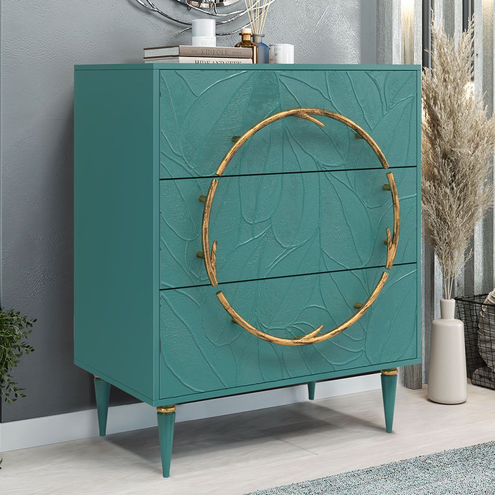Комод Арт Колор leaves Классик Голд с 3 ящиками Пастельно-синий