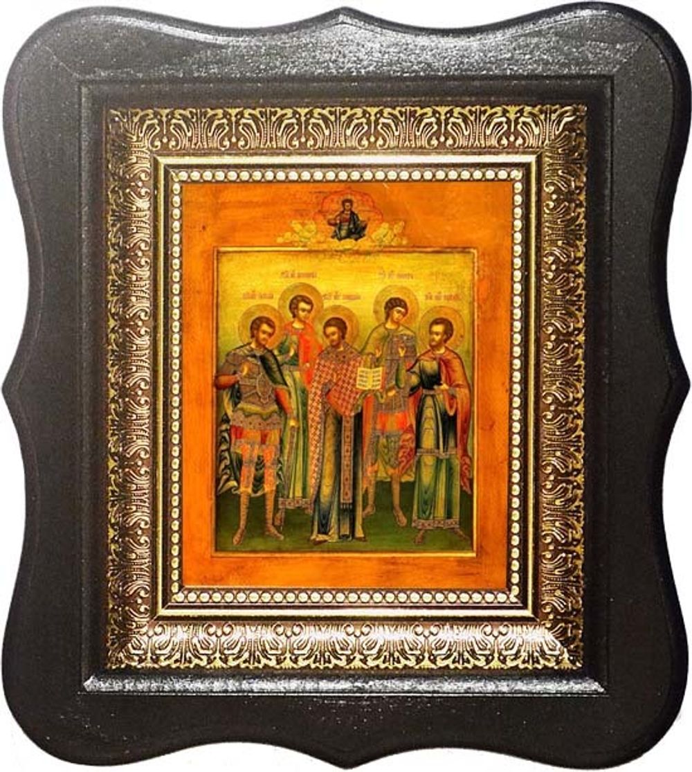 Святые Пяточисленные мученики Евстратий, Авксентий, Евгений, Мардарий и Орест. Икона на холсте 15х18 см в киоте 24х27х4 см.