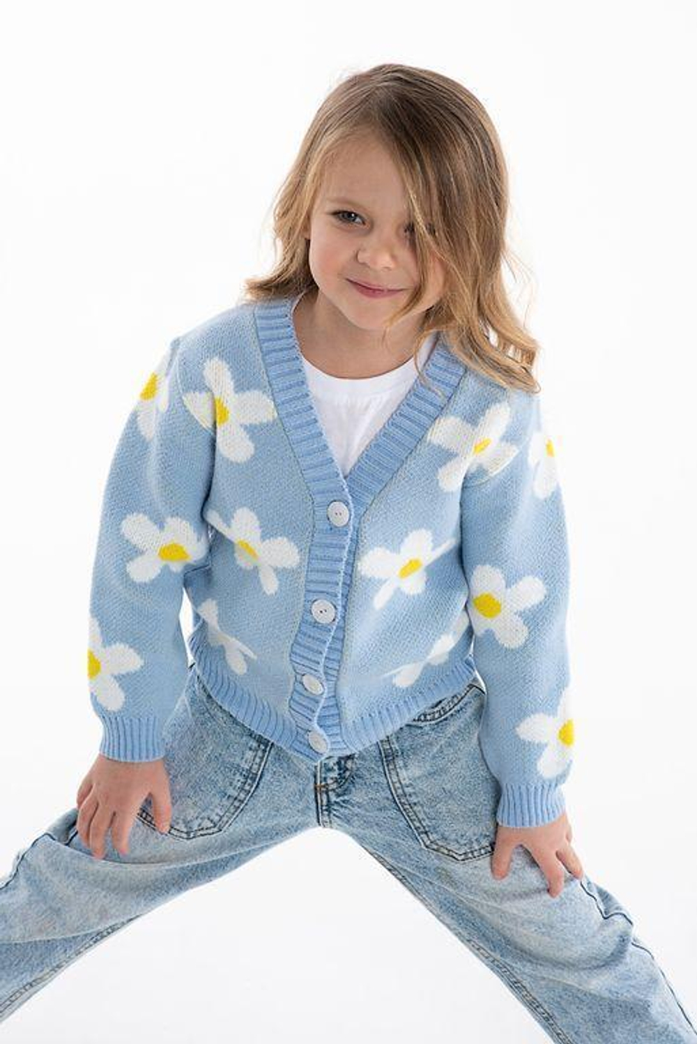 Кардиган для девочек "Ромашки" р-р 110-116, голубой 2247