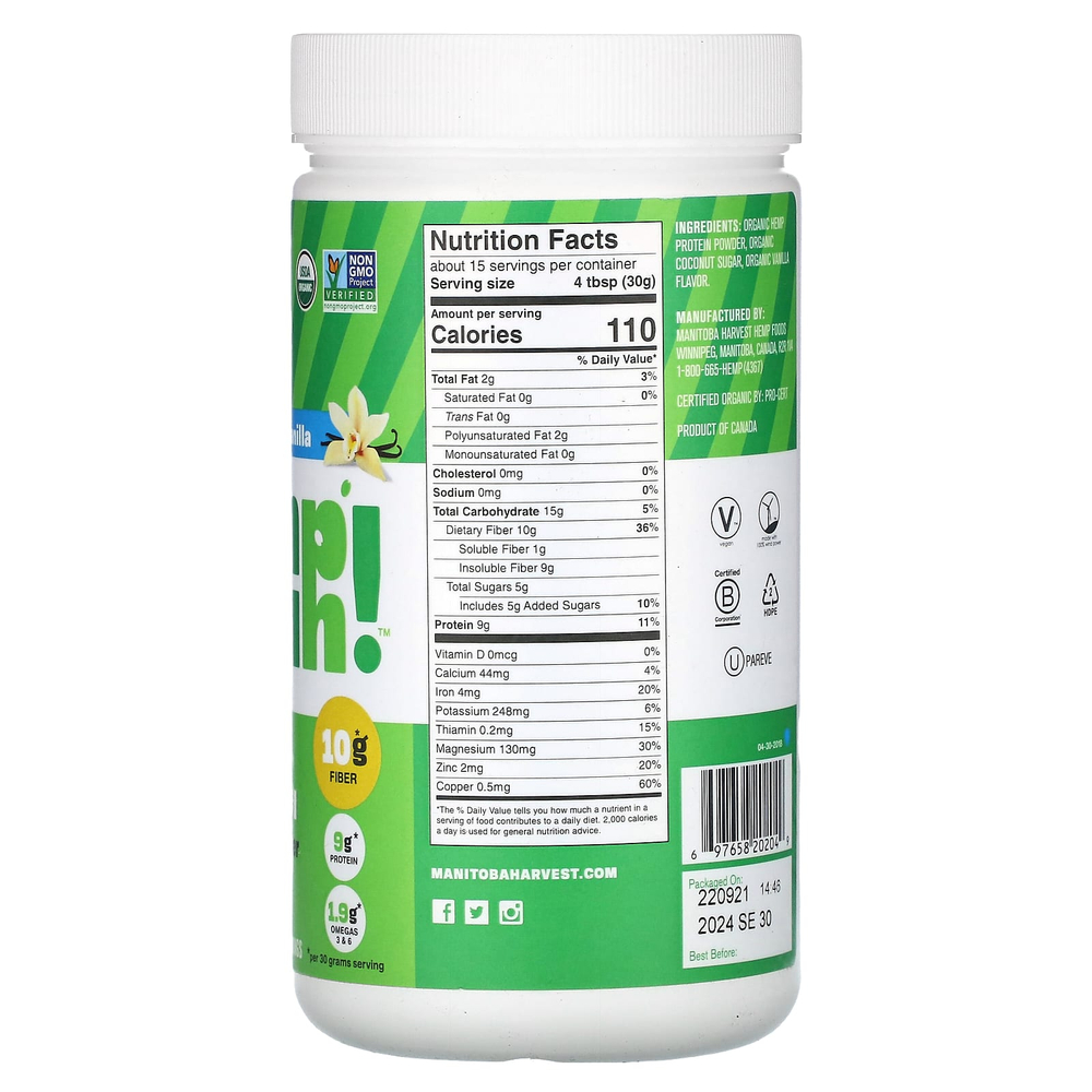 Manitoba Harvest, Organic Hemp Yet!, конопляный протеиновый порошок с максимальным содержанием клетчатки, со вкусом ванили, 454 г (1 фунт)