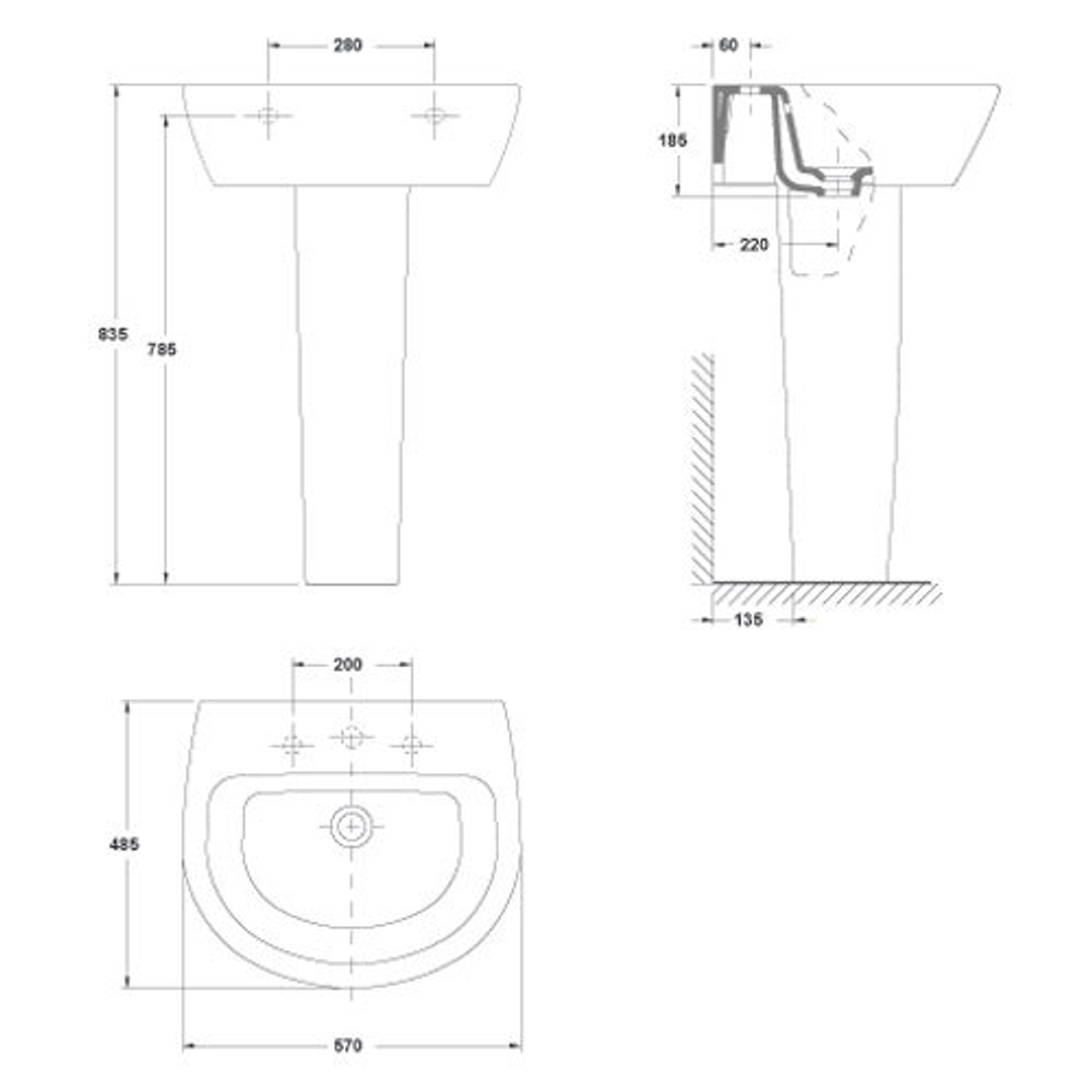 Раковина подвесная Gala Jazz 57x49 28030 схема