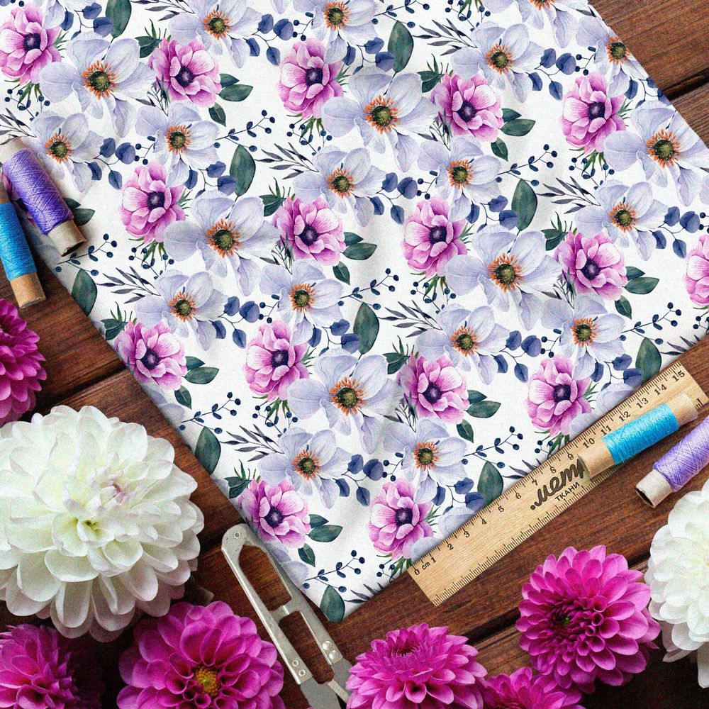 Ткань кулирная гладь поляна из белых и розовых цветов