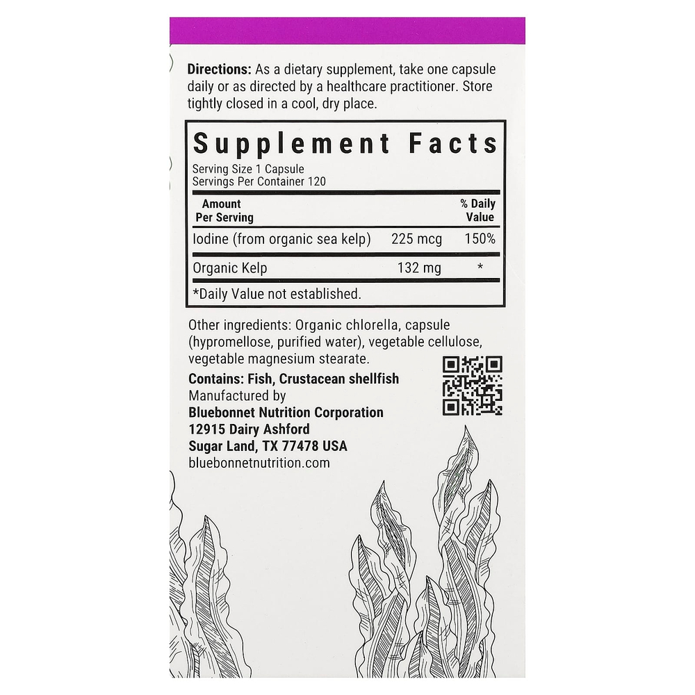 Bluebonnet Nutrition, йод из бурых водорослей атлантических морских водорослей, 225 мкг, 120 растительных капсул