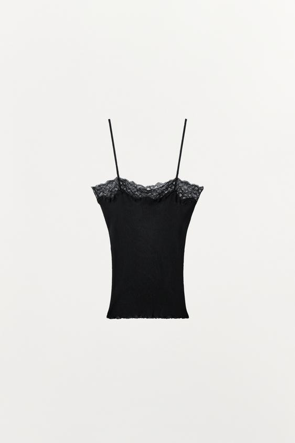 ZARA ТОП В РУБЧИК С КРУЖЕВОМ, ЧЕРНЫЙ