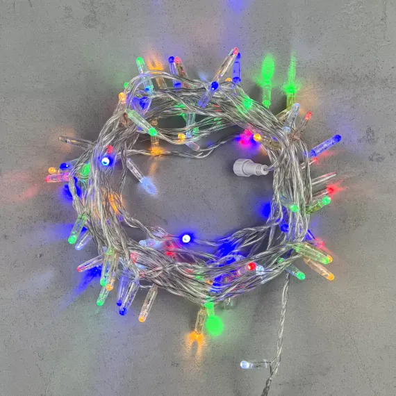 Светодиодная гирлянда с колпачком 100 разноцветных LED ламп 10 м., мерцание, 24В., прозрачный провод ПВХ, IP65, LTC (PST100BLWCAP-10-1M)