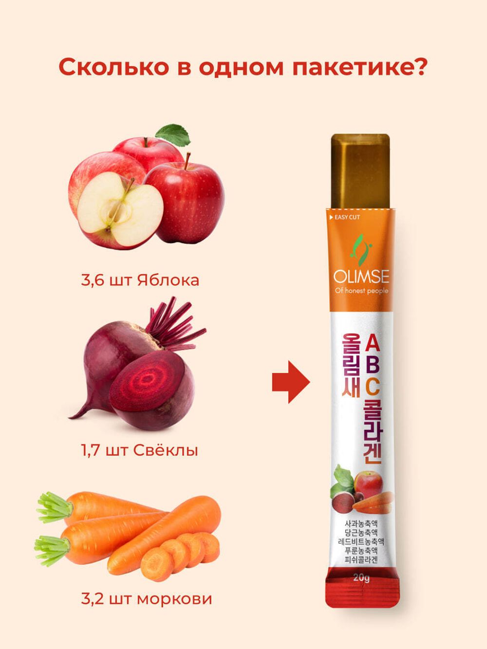 Коллаген Olimse ABC: яблоко + морковь + свекла, упаковка: 30 шт по 20 г
