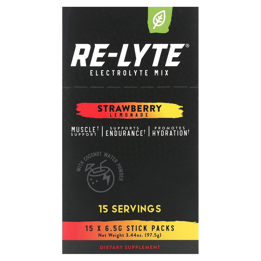 Redmond, Re-Lyte, смесь электролитов, со вкусом клубничного лимонада, 15 стиков по 6,5 г (0,23 унции)