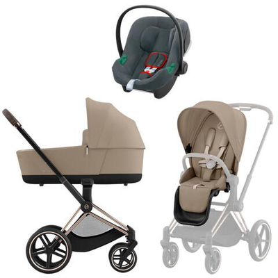 Коляска 3 в 1 Cybex Priam IV Rosegold complete и автокресло Aton B2 i-Size Steel Grey Cozy Beige