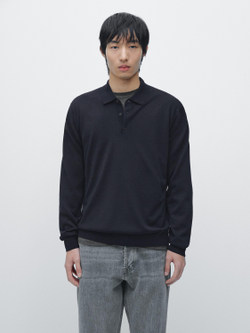 Massimo Dutti Шерстяной свитер с воротником поло, темно-синий