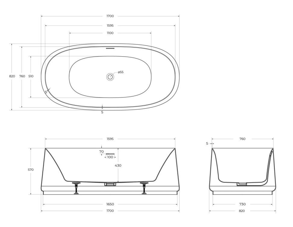 Ванна акриловая матовая 170х82 Cezares CZR-LUX-CENTRAL-170-82-58-MATT