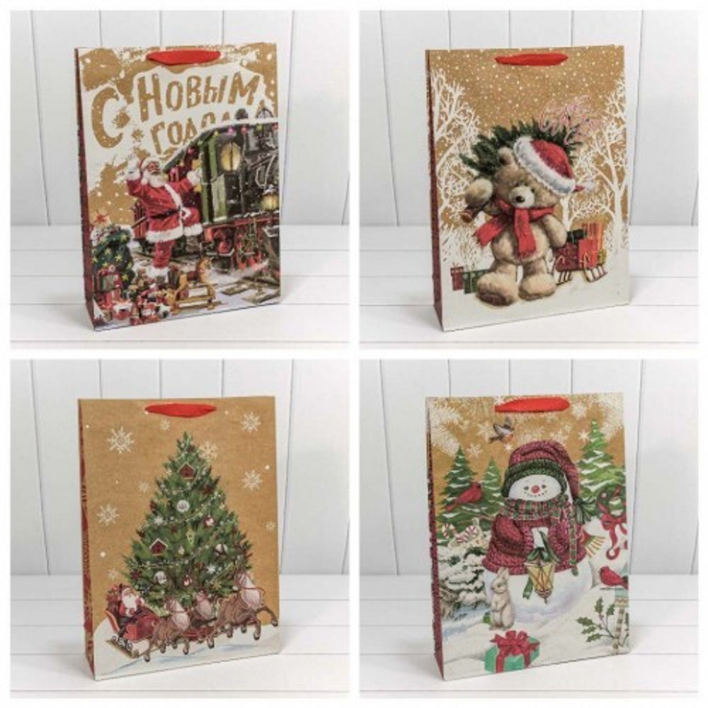 Пакет подарочный 33 х 45 х 15 см Набор 4 шт "Новогодний" (Крафт)