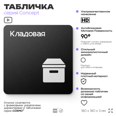 Табличка Кладовая, на дверь и стену, навигационная и информационная, серия CONCEPT, 18х18 см, Айдентика Технолоджи