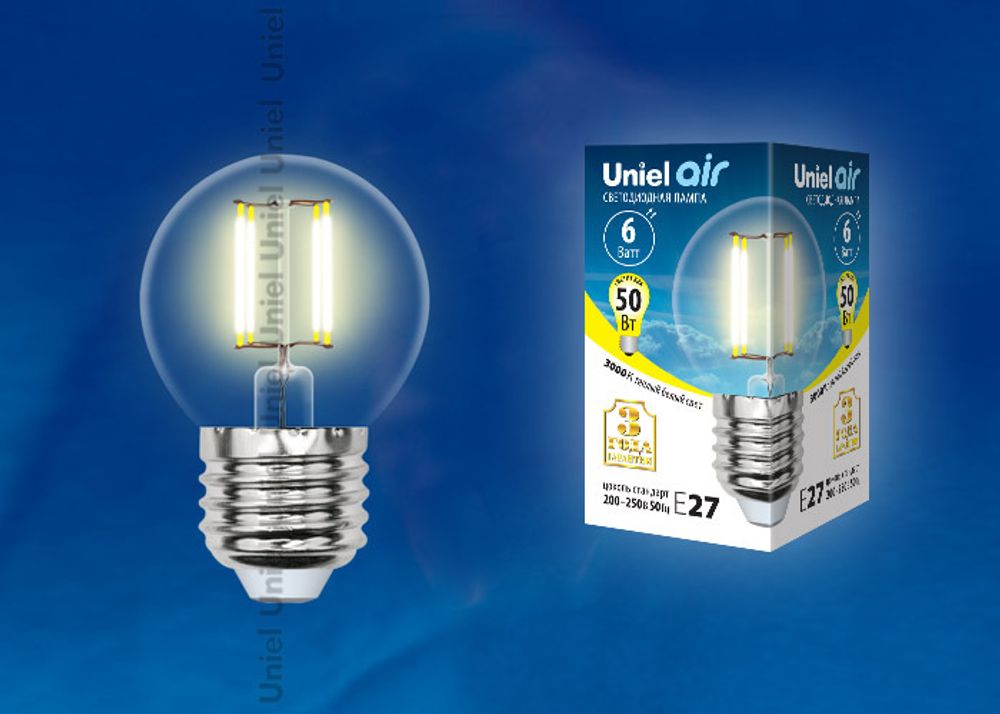 LED-G45-6W/WW/E27/CL GLA01TR Лампа светодиодная. Форма шар, прозрачная. Серия Air. Теплый белый свет (3000K). Картон. ТМ Uniel