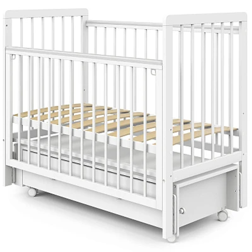 Кровать детская Indigo Vista маятник на колесах, ящик белая аляска