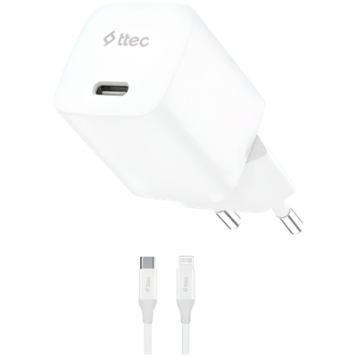 ttec SmartCharger GAN 30W PD Travel Fast Charger + USB-C - Lightning Cable 150cm, White
