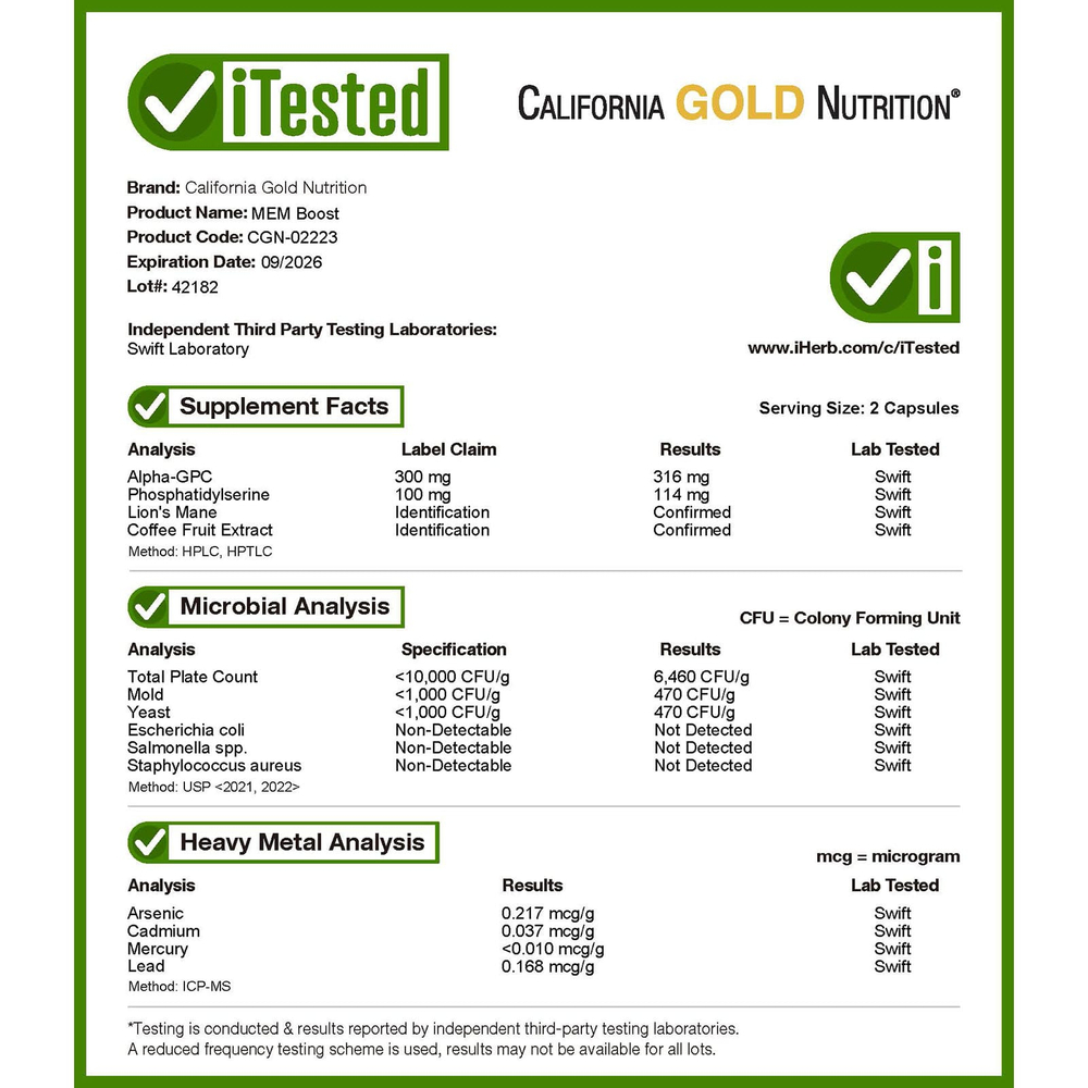 California Gold Nutrition, MEM Boost™, добавка для поддержки памяти и когнитивных функций с альфа-ГФХ, экстрактом ежовика гребенчатого, экстрактом кофейных плодов и фосфатидилсерином, 60 растительных капсул
