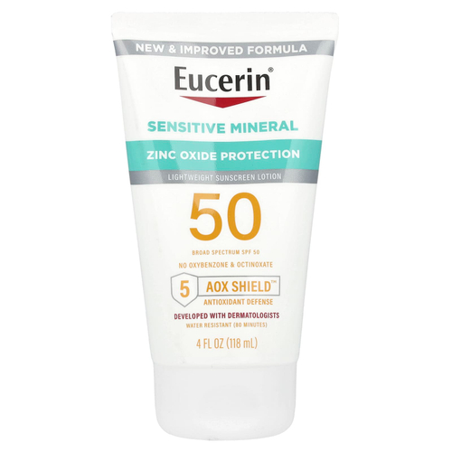 Eucerin, Sensitive Mineral, легкий солнцезащитный лосьон, SPF 50, без отдушек, 118 мл (4 жидк. унц.)