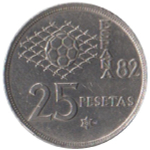 25 песет 1980 год. Испания. Чемпионат мира по футболу в Испании 1982. Футбол. Спорт. 81 внутри звезды