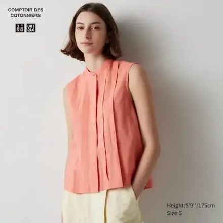 UNIQLO БЛУЗКА БЕЗ РУКАВОВ ИЗ ЛЬНЯНОЙ СМЕСИ, РОЗОВЫЙ