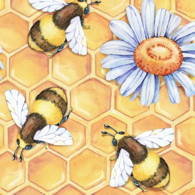Пчелы, соты и цветы. Акварель