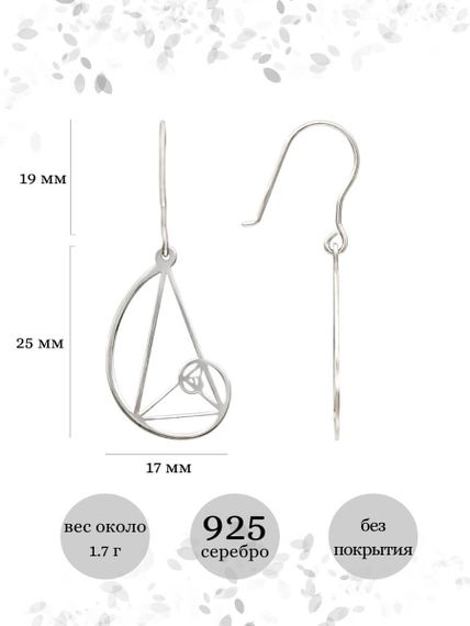 Серьги Золотое сечение Фибоначчи из серебра, инфографика Размеры