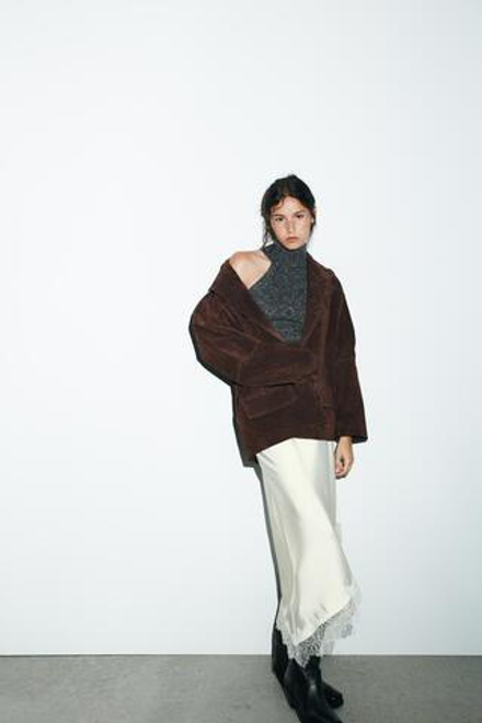 ZARA БЛЕЙЗЕР OVERSIZE ИЗ ЗАМШЕВОЙ КОЖИ, ТЕМНО-КОРИЧНЕВЫЙ