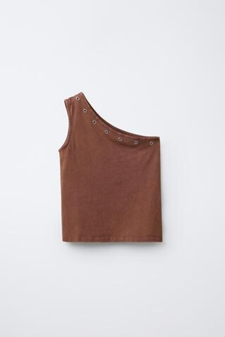 ZARA АСИММЕТРИЧНЫЙ ТОП С ЛЮВЕРСАМИ, КОРИЧНЕВЫЙ